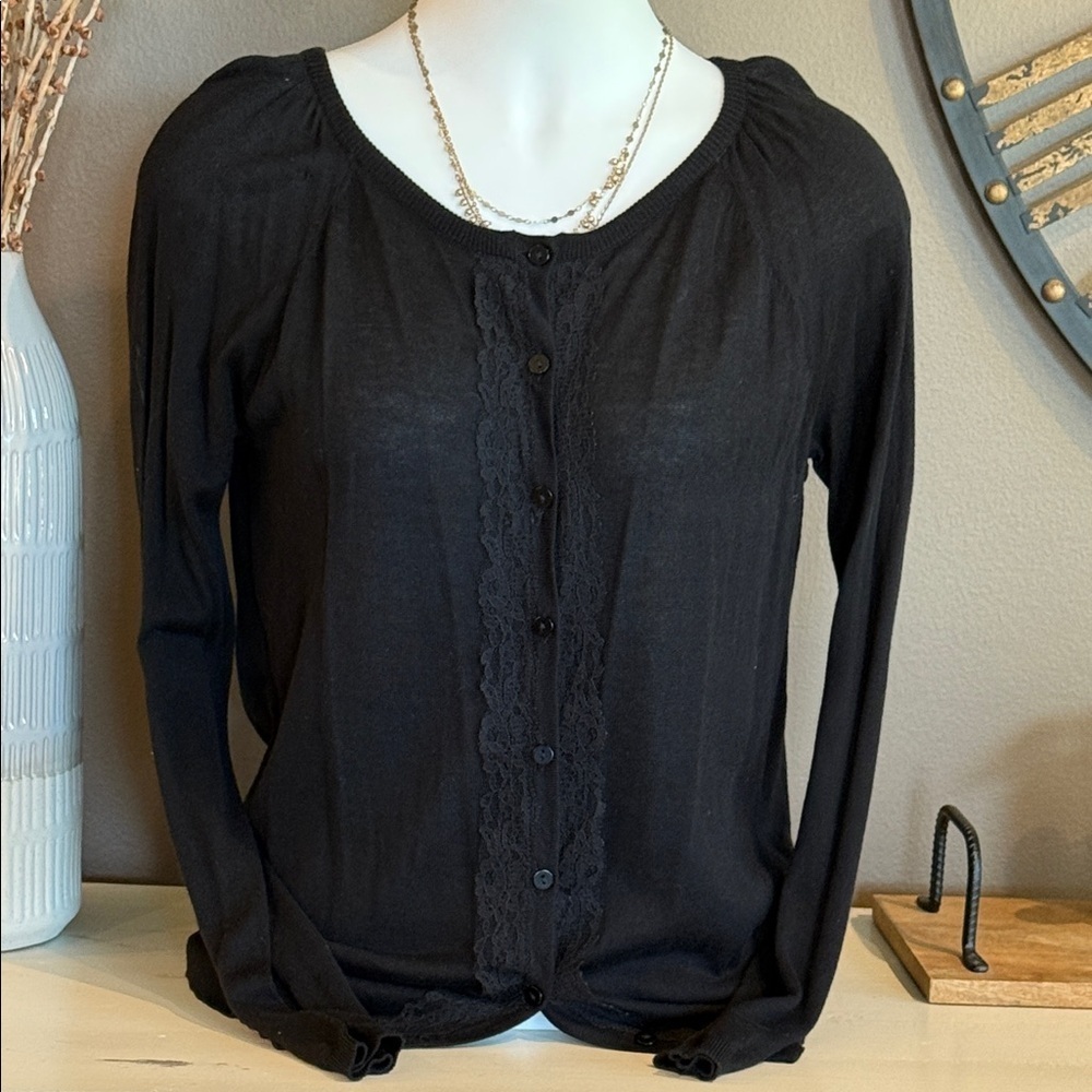 METAPHOR Lightweight Black Cotton Blend Button Up Cardigan Lace NWT Size Large
